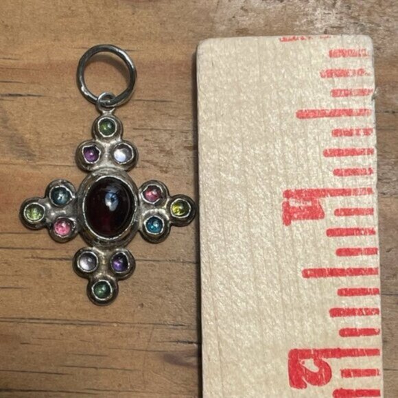Silver Cross Multicolored Stone Cross Pendant - Picture 3 of 5